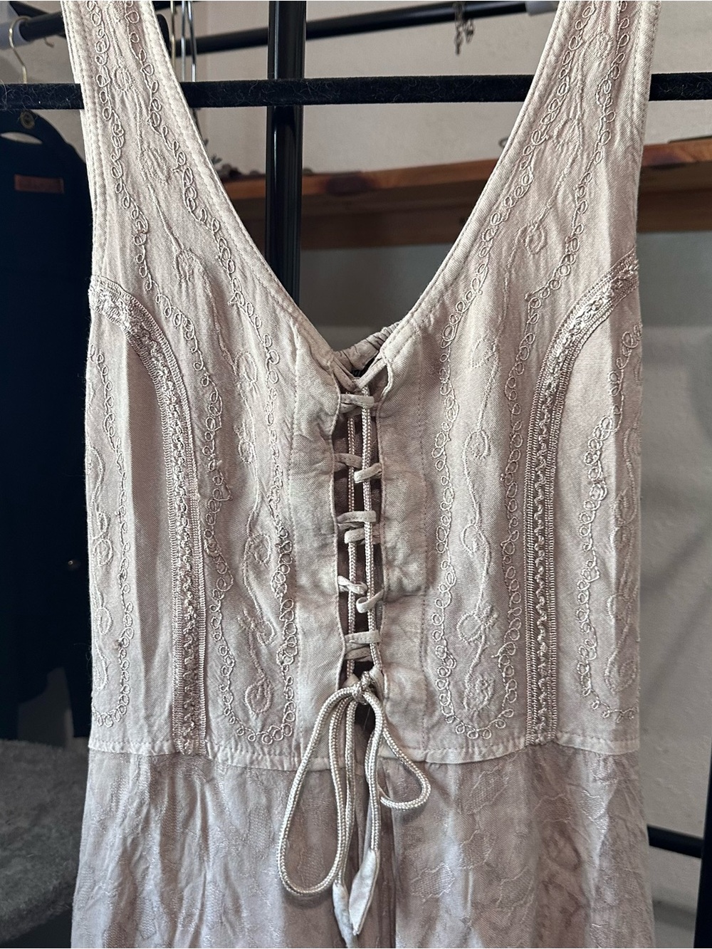Lace-Up Embroidered Tank Dress in Light Taupe